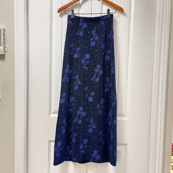 Vintage Made in Canada Whimsigoth Sparkly Floral Maxi Skirt Blue Black– M - Picture 1 of 11